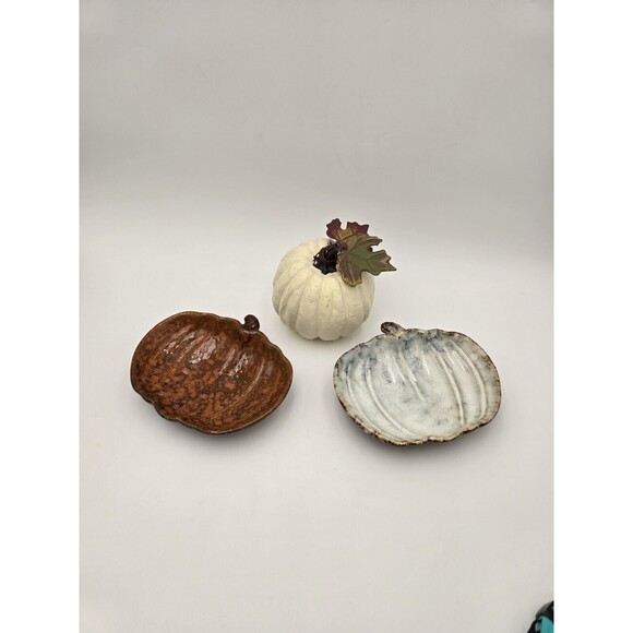 Set Of 2 Pumpkin Candy Dishes & White Pumpkin Decor Fall Autumn Decor 7" - Picture 2 of 15